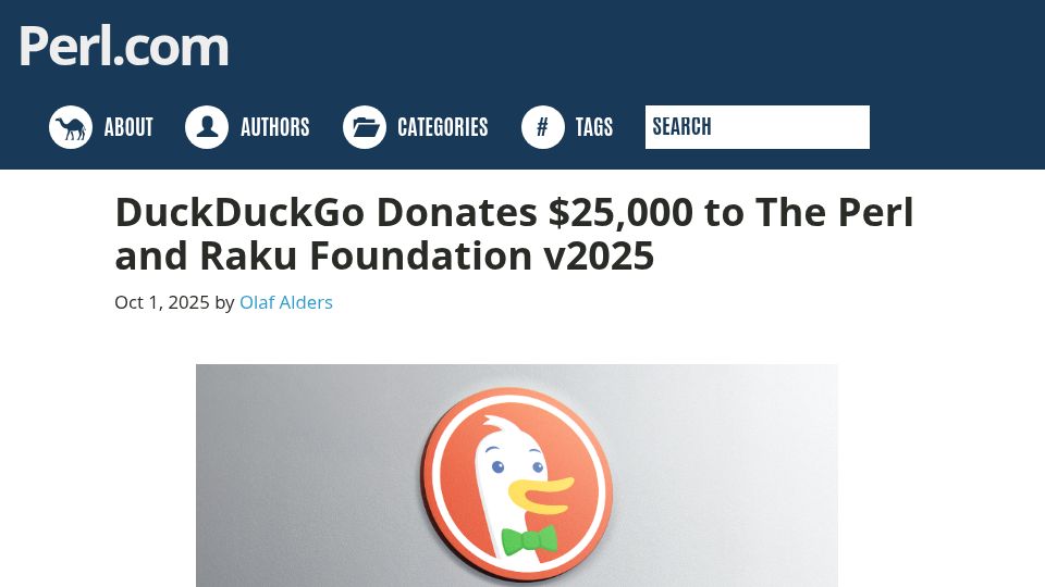 Screenshot of perl.com: DuckDuckGo Donates $25,000 to The Perl and Raku Foundation v2025