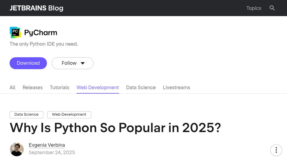 Screenshot of blog.jetbrains.com: Why Is Python So Popular in 2025? – The PyCharm Blog