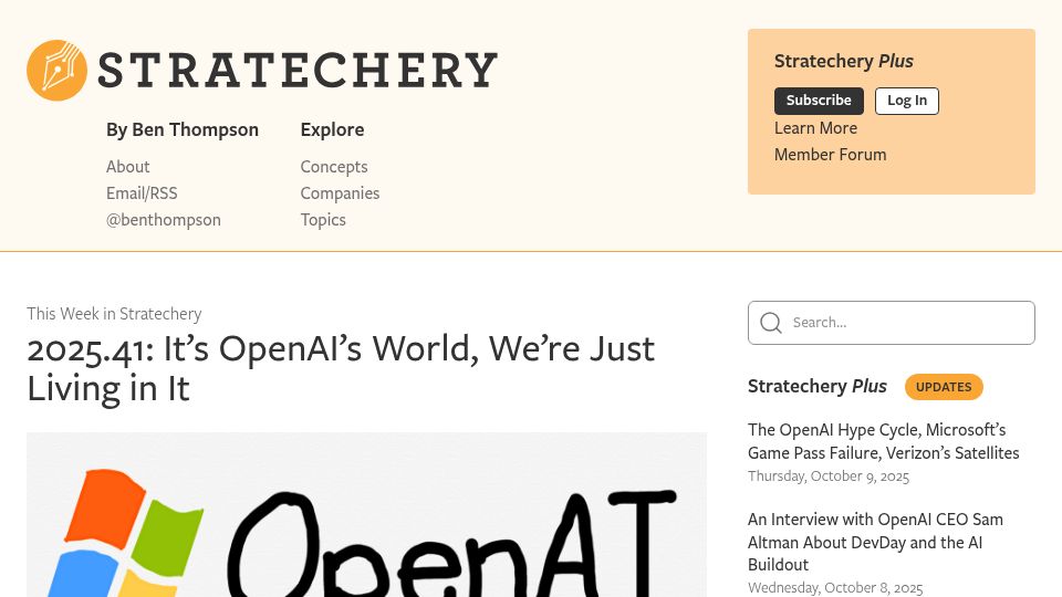 Screenshot of stratechery.com: It's OpenAI's world, we're just living in it