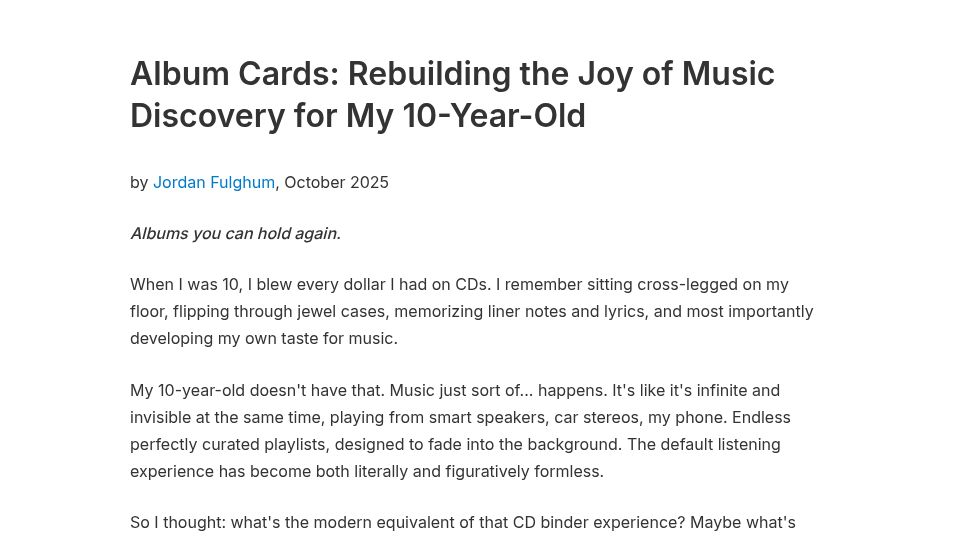 Screenshot of fulghum.io: I built physical album cards with NFC tags to teach my son music discovery