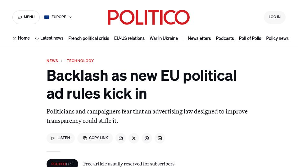 Screenshot of politico.eu: Google, Meta and Microsoft to stop showing political ads in the EU