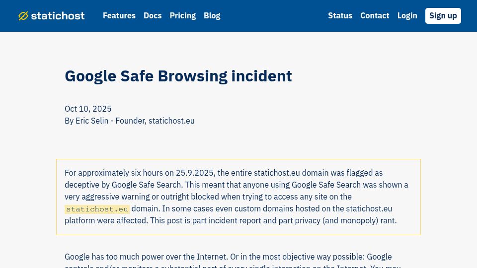 Screenshot of statichost.eu: Google Safe Browsing incident