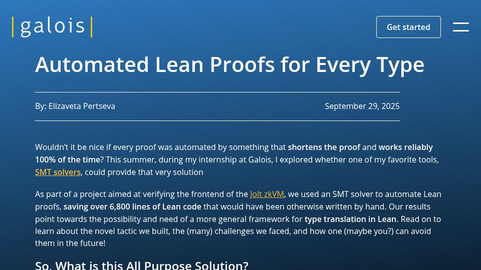 Screenshot of galois.com: Automated Lean Proofs for Every Type