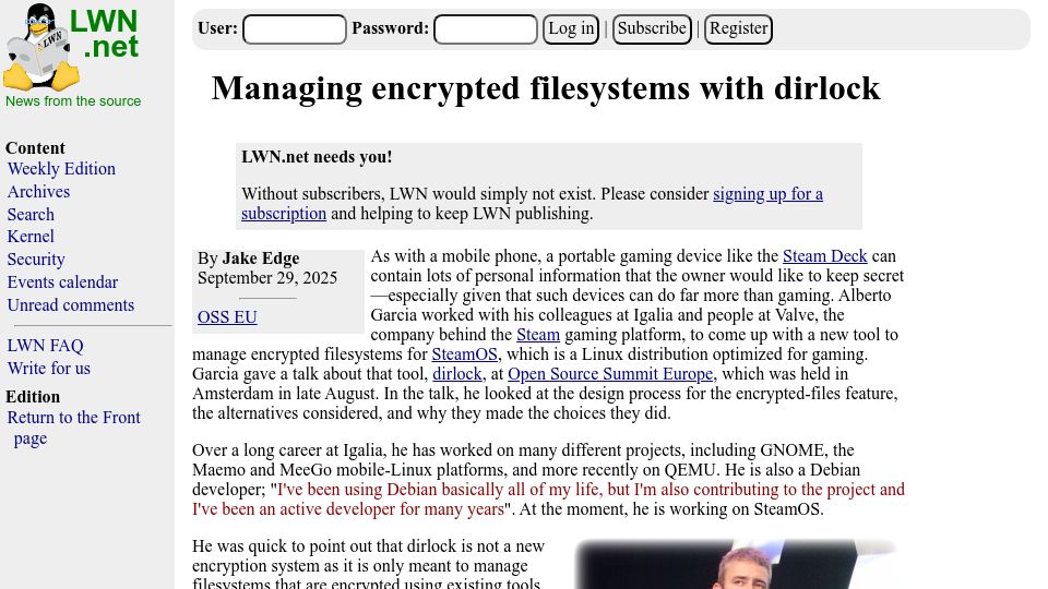 Screenshot of lwn.net: Managing Encrypted Filesystems with dirlock