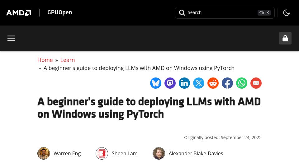 Screenshot of gpuopen.com: A beginner's guide to deploying LLMs with AMD on Windows using PyTorch