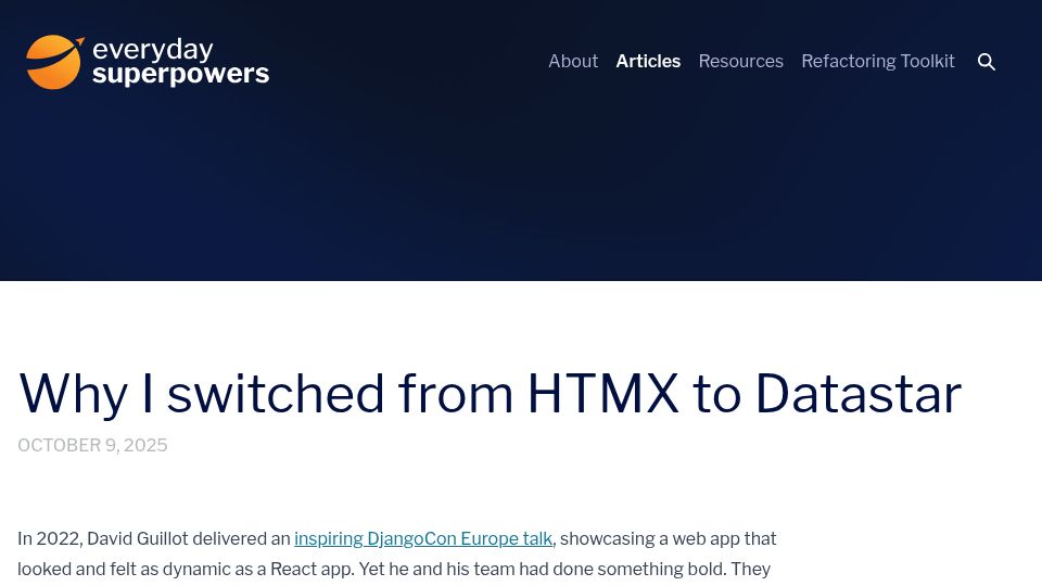Screenshot of everydaysuperpowers.dev: I Switched from Htmx to Datastar