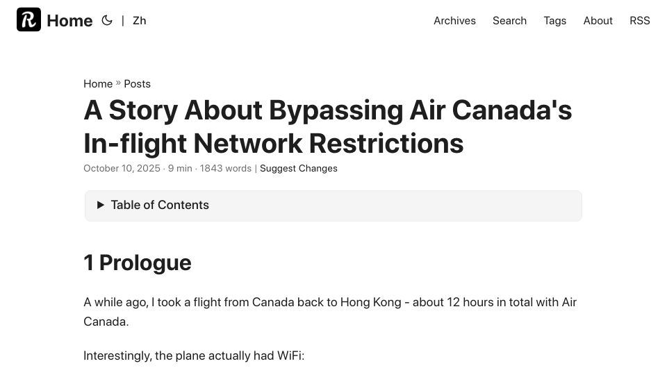 Screenshot of ramsayleung.github.io: A story about bypassing air Canada's in-flight network restrictions