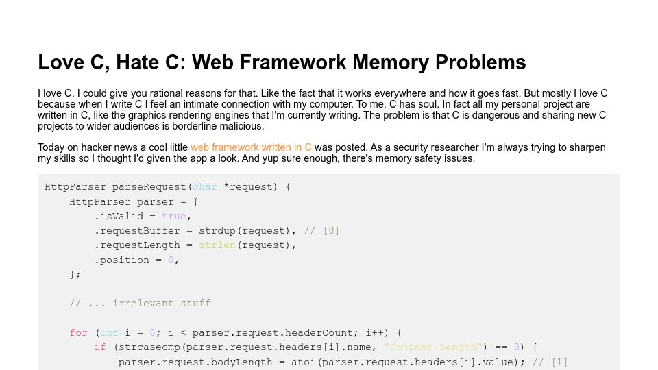 Screenshot of alew.is: Love C, hate C: Web framework memory problems