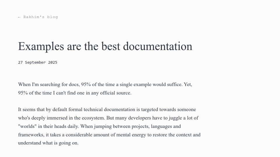 Screenshot of rakhim.exotext.com: Examples Are the Best Documentation