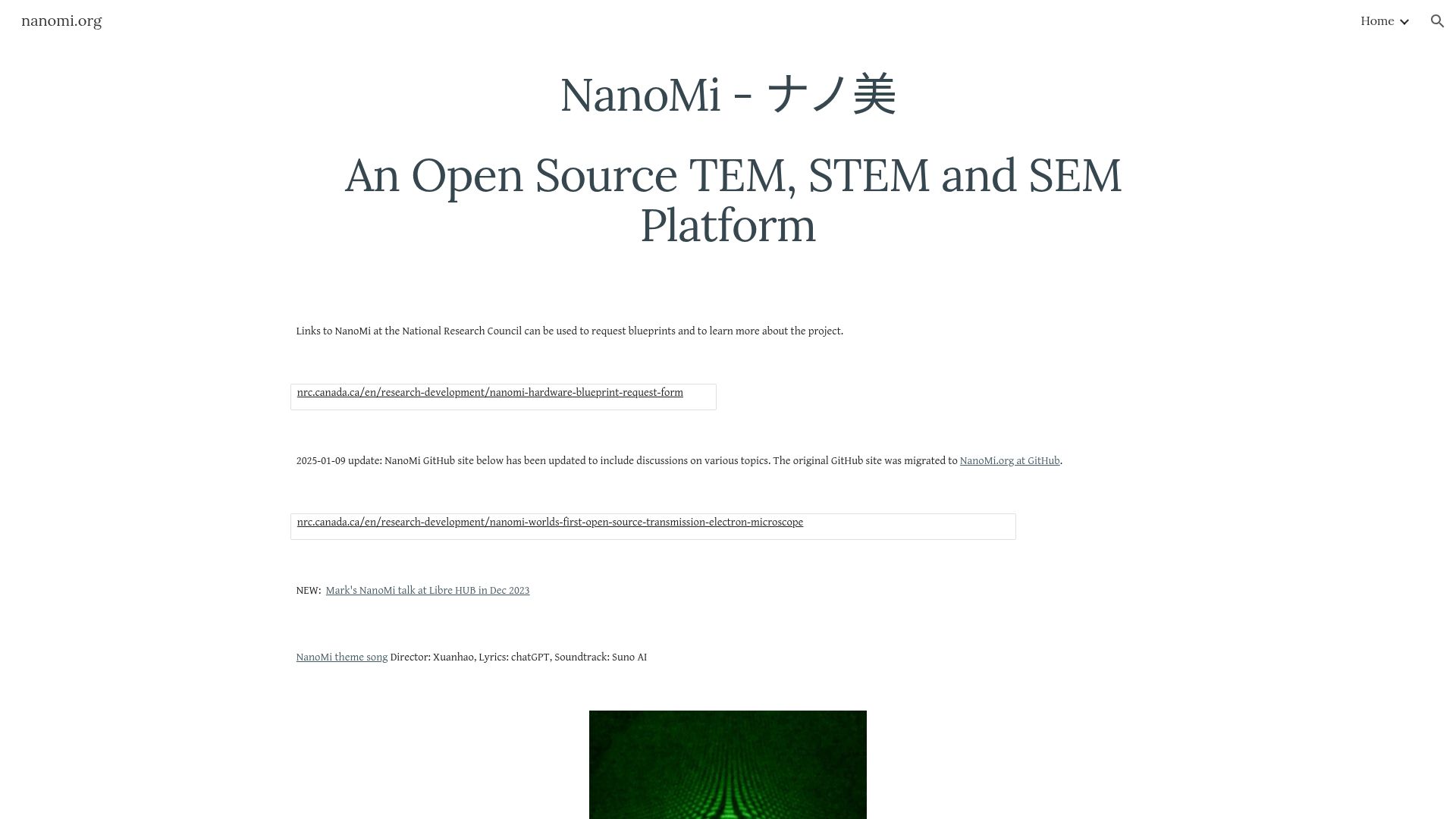 Screenshot of nanomi.org: NanoMi: Source-available transmission electron microscope