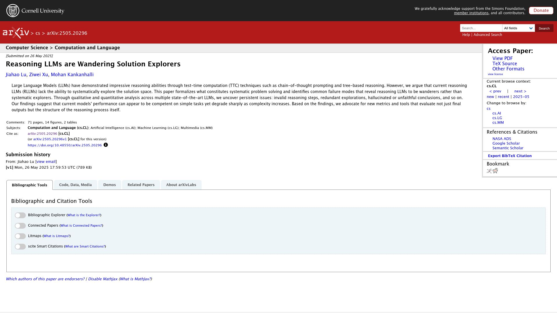 Screenshot of arxiv.org: Reasoning LLMs are wandering solution explorers