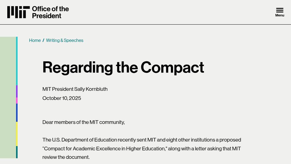 Screenshot of president.mit.edu: Regarding the Compact