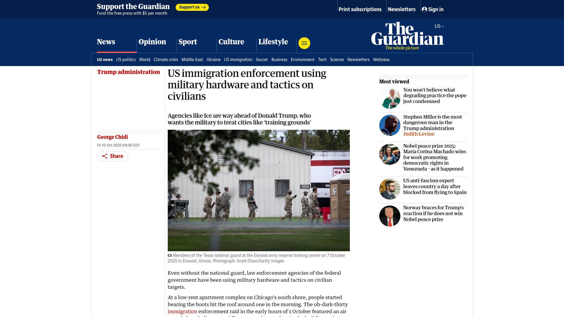 Screenshot of theguardian.com: US immigration enforcement using military hardware and tactics on civilians