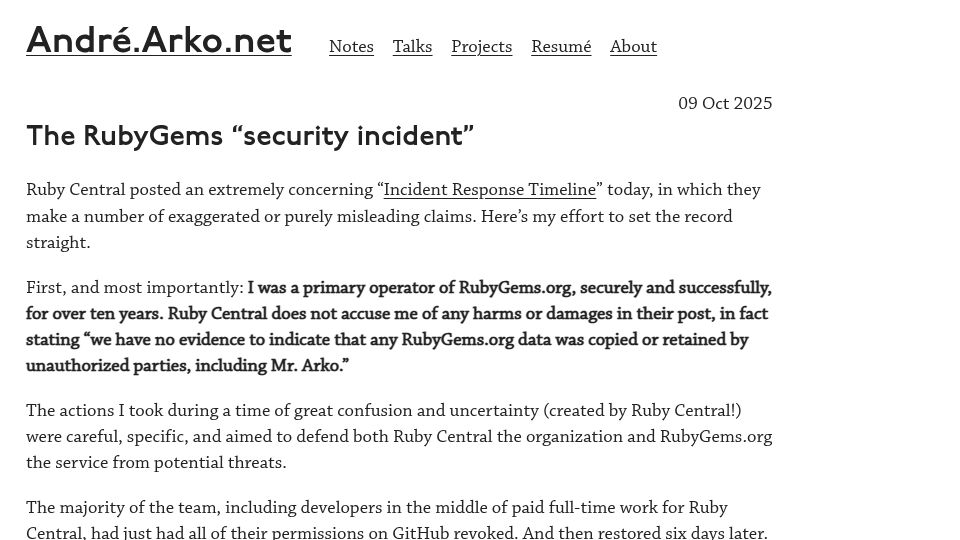 Screenshot of andre.arko.net: The RubyGems "Security Incident"