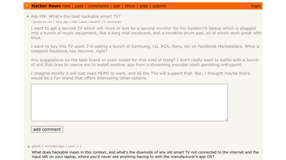 Screenshot of Hacker News post: Ask HN: What's the best hackable smart TV?
