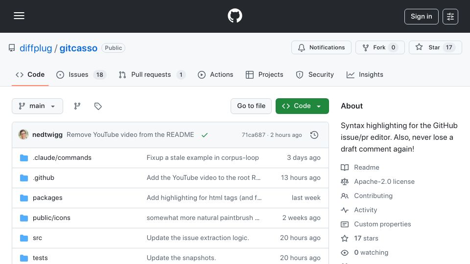 Screenshot of github.com: Show HN: Gitcasso – Syntax Highlighting and Draft Recovery for GitHub Comments