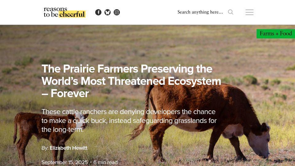 Screenshot of reasonstobecheerful.world: The Prairie Farmers Preserving the Most Threatened Ecosystem – Forever