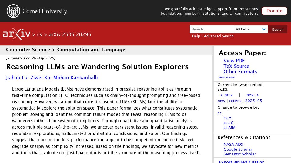 Screenshot of arxiv.org: Reasoning LLMs are wandering solution explorers