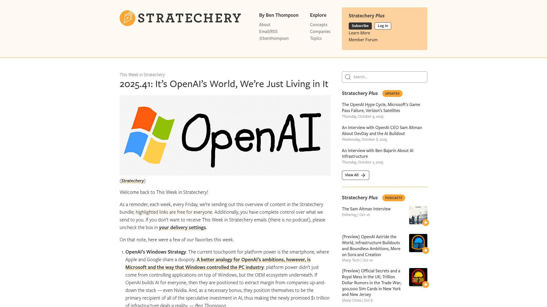 Screenshot of stratechery.com: It's OpenAI's world, we're just living in it