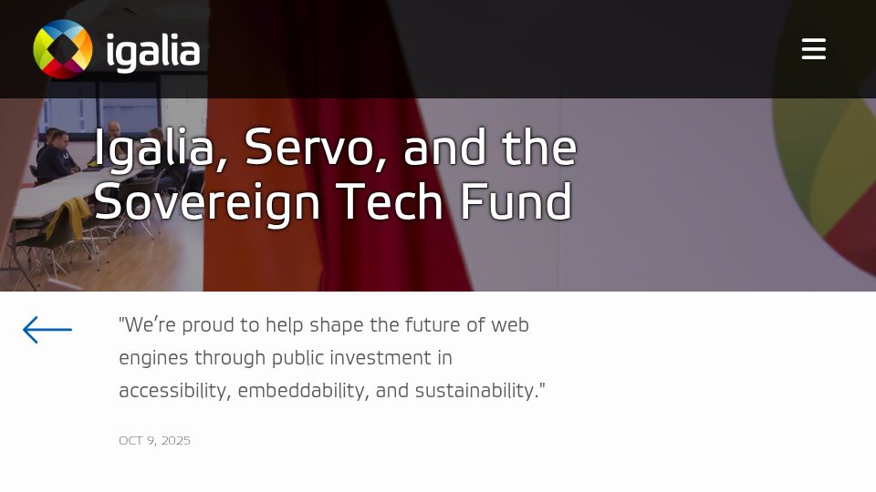 Screenshot of igalia.com: Igalia, Servo, and the Sovereign Tech Fund