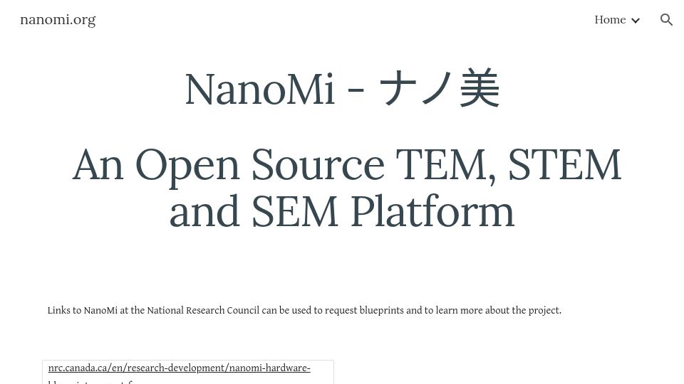 Screenshot of nanomi.org: NanoMi: Source-available transmission electron microscope