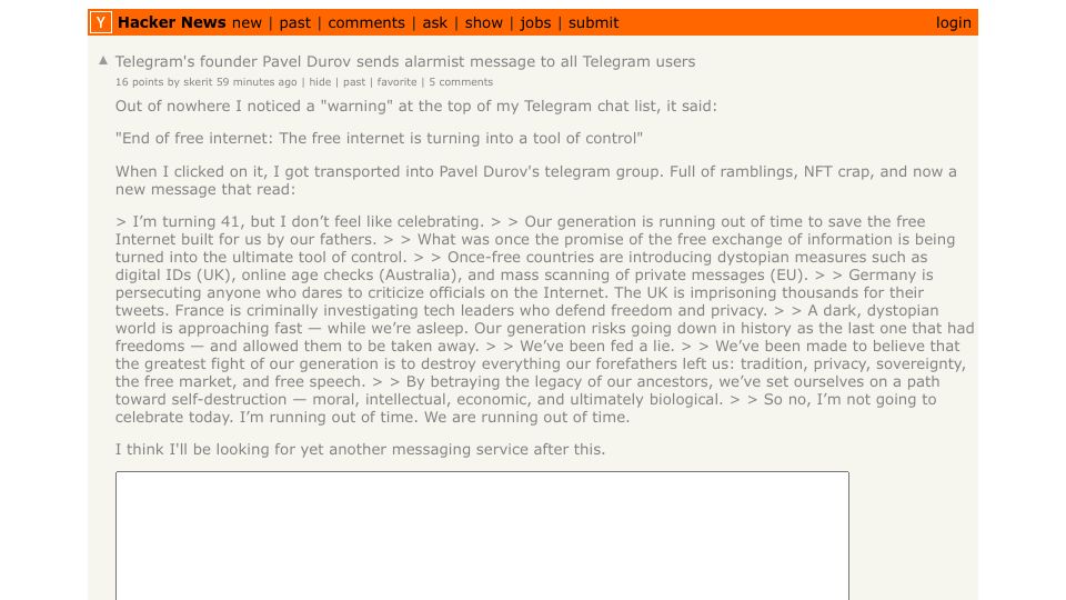 Screenshot of Hacker News post: Telegram's founder Pavel Durov sends alarmist message to all Telegram users