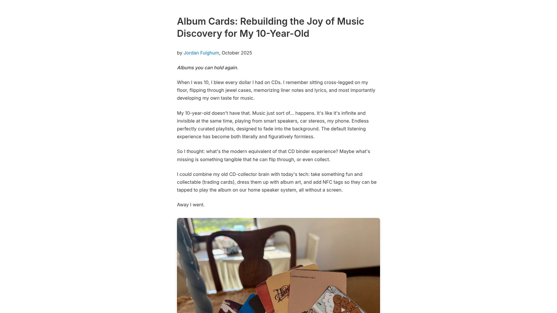 Screenshot of fulghum.io: I built physical album cards with NFC tags to teach my son music discovery