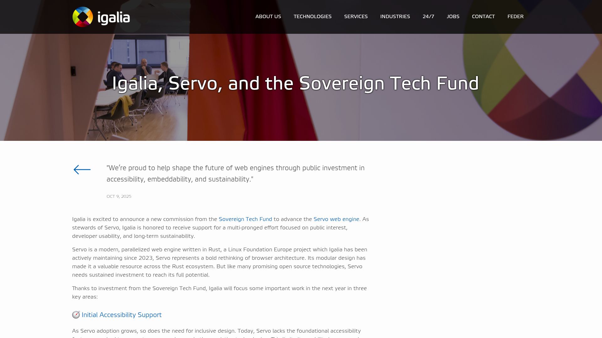 Screenshot of igalia.com: Igalia, Servo, and the Sovereign Tech Fund
