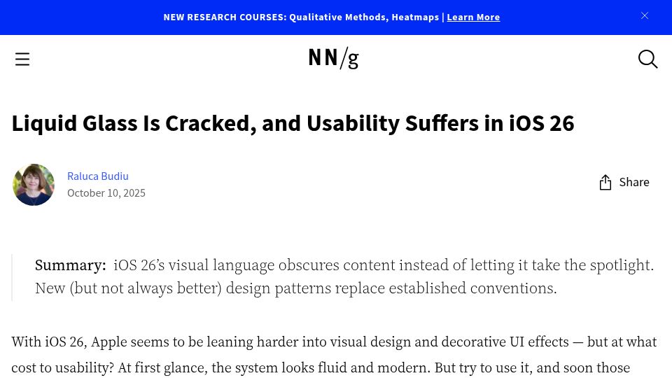 Screenshot of nngroup.com: Liquid Glass Is Cracked, and Usability Suffers in iOS 26
