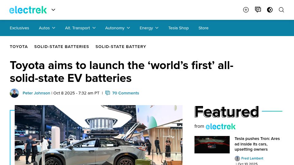 Screenshot of electrek.co: Toyota aims to launch the ' first' all-solid-state EV batteries