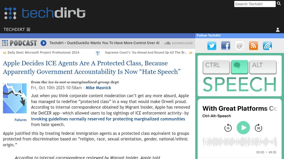 Screenshot of techdirt.com: Apple Decides ICE Agents Are a Protected Class