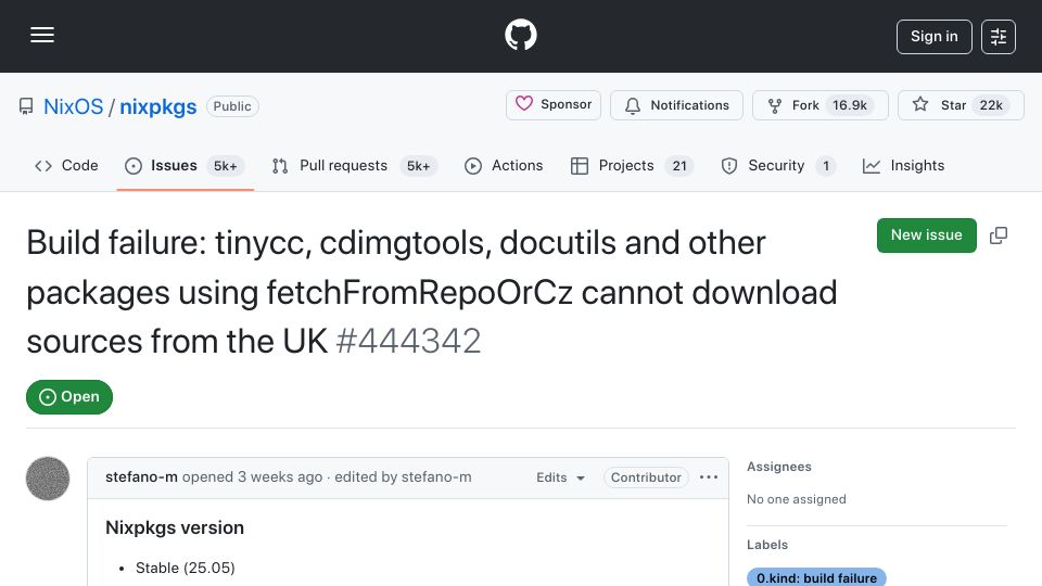 Screenshot of github.com: You can't build tcc from Nixpkgs if you are in the UK