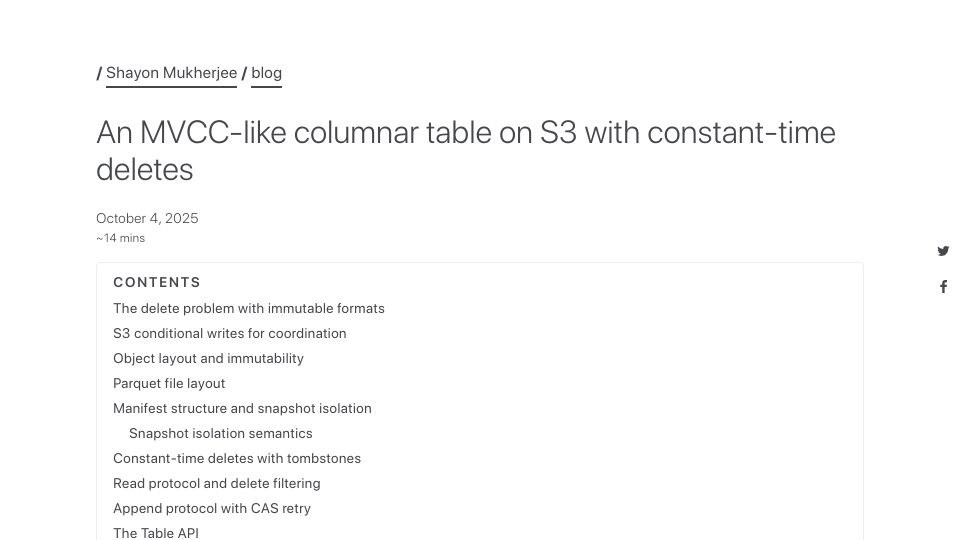 Screenshot of shayon.dev: An MVCC-like columnar table on S3 with constant-time deletes