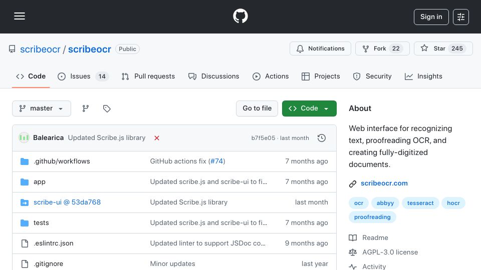 Screenshot of github.com: ScribeOCR – Web interface for recognizing text, OCR, & creating digitized docs