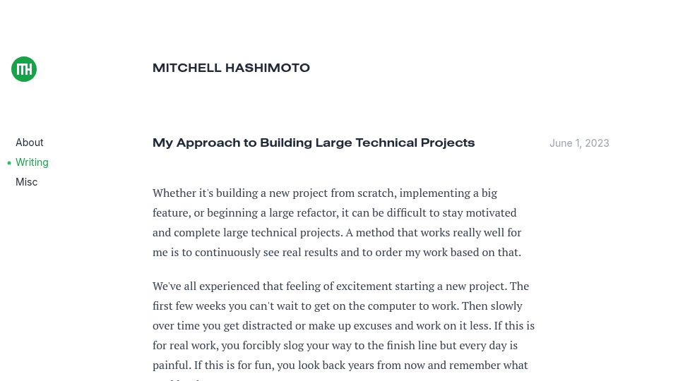 Screenshot of mitchellh.com: My approach to building large technical projects (2023)