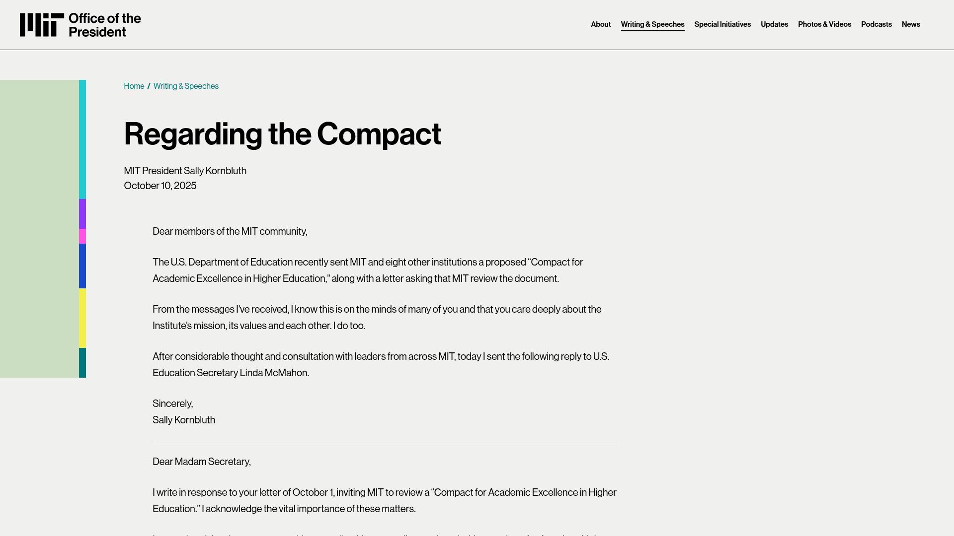 Screenshot of president.mit.edu: Regarding the Compact