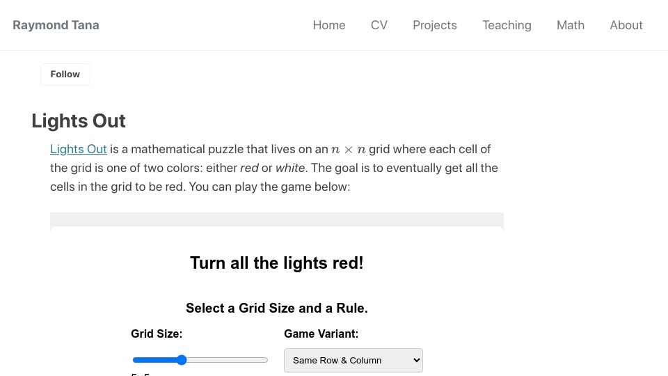Screenshot of raymondtana.github.io: Show HN: Lights Out: my 2D Rubik's Cube-like Game
