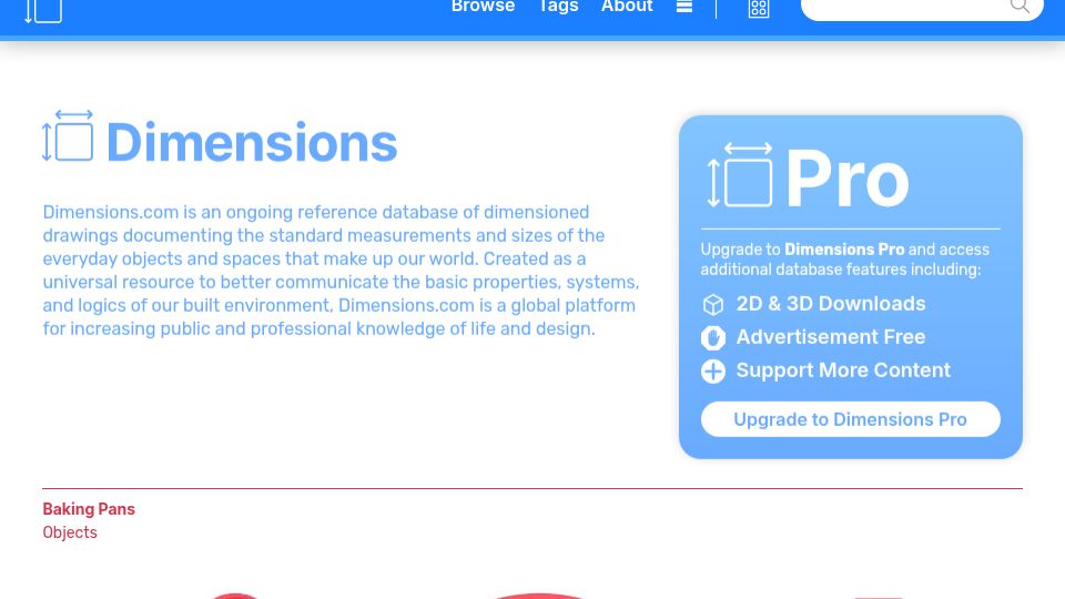 Screenshot of dimensions.com: Dimensions of everyday objects