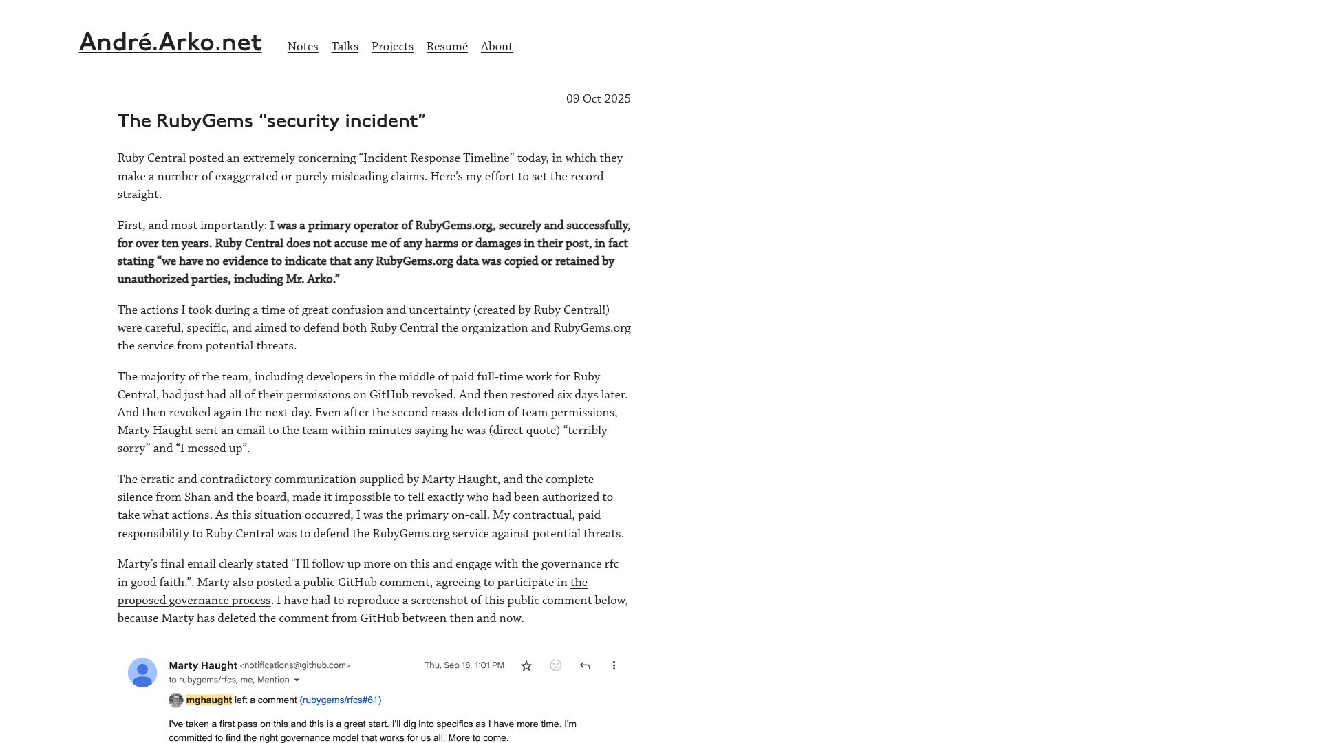 Screenshot of andre.arko.net: The RubyGems "Security Incident"