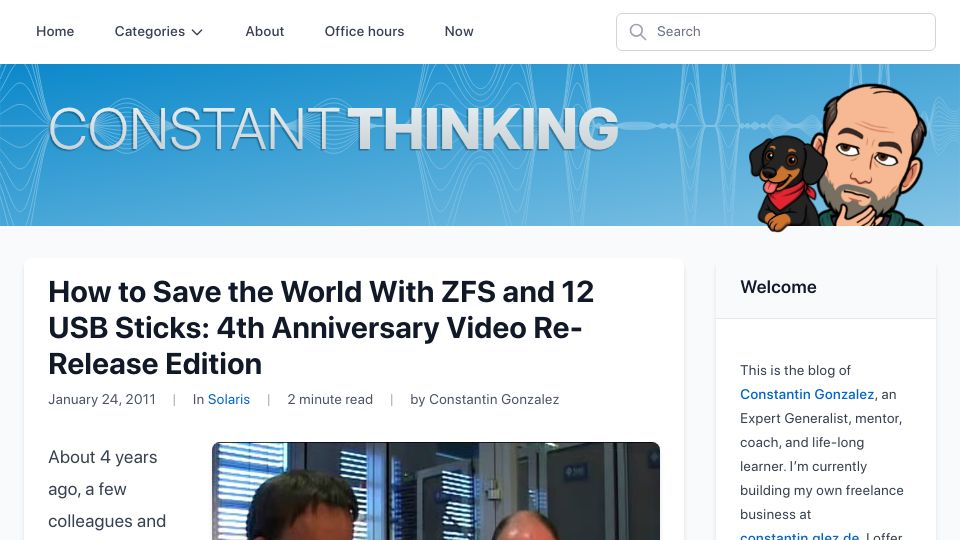 Screenshot of constantin.glez.de: How to save the world with ZFS and 12 USB sticks: 4th anniversary video (2011)