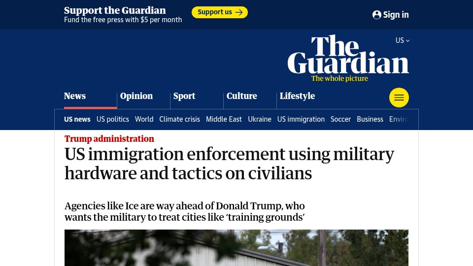 Screenshot of theguardian.com: US immigration enforcement using military hardware and tactics on civilians