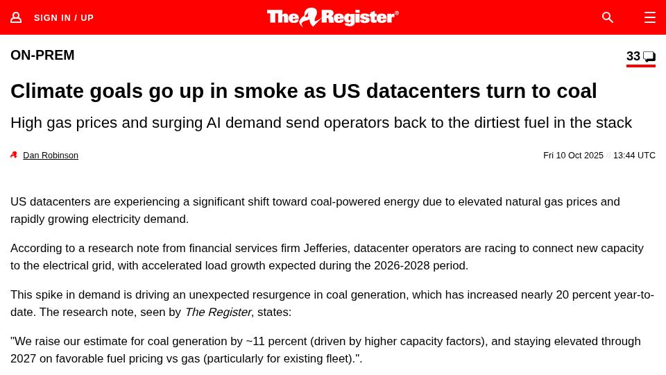 Screenshot of theregister.com: Climate goals go up in smoke as US datacenters turn to coal