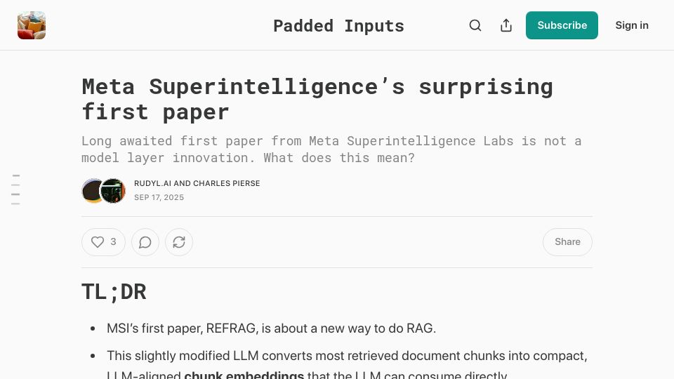 Screenshot of paddedinputs.substack.com: Meta Superintelligence Labs' first paper is about RAG