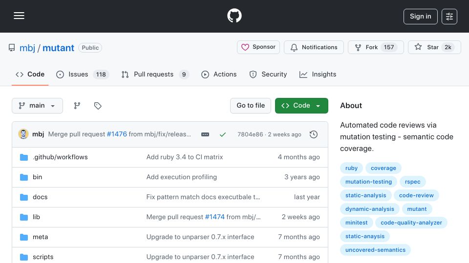 Screenshot of github.com: Automated code reviews via mutation testing