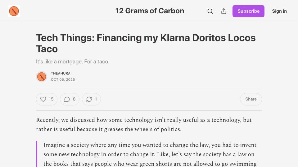 Screenshot of theahura.substack.com: Financing My Klarna Doritos Locos Taco