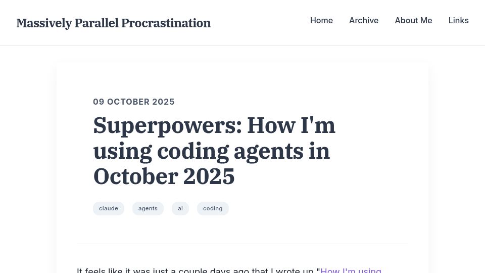 Screenshot of blog.fsck.com: Superpowers: How I'm using coding agents in October 2025