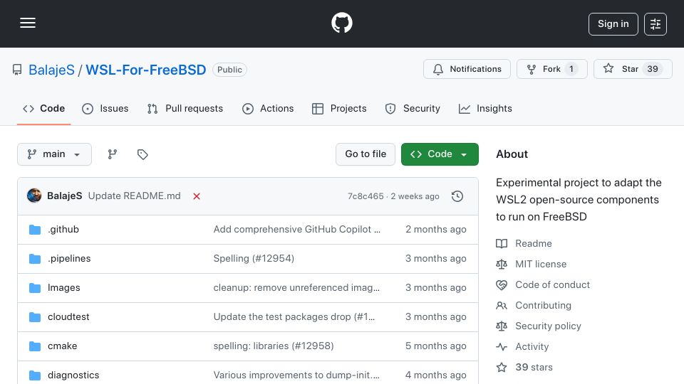Screenshot of github.com: Windows Subsystem for FreeBSD