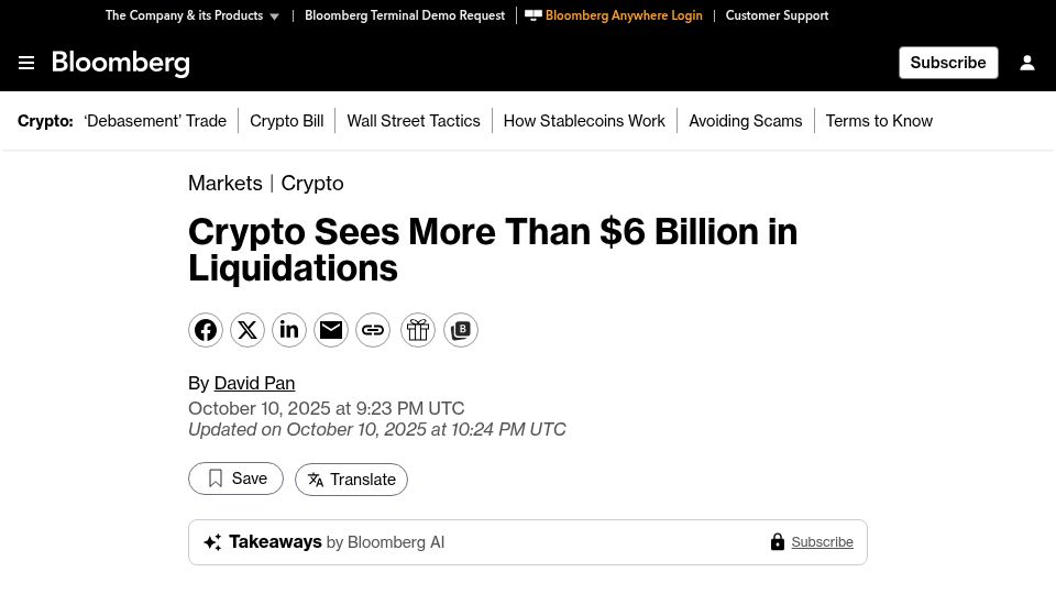 Screenshot of bloomberg.com: Crypto Sees More Than $6B in Liquidations