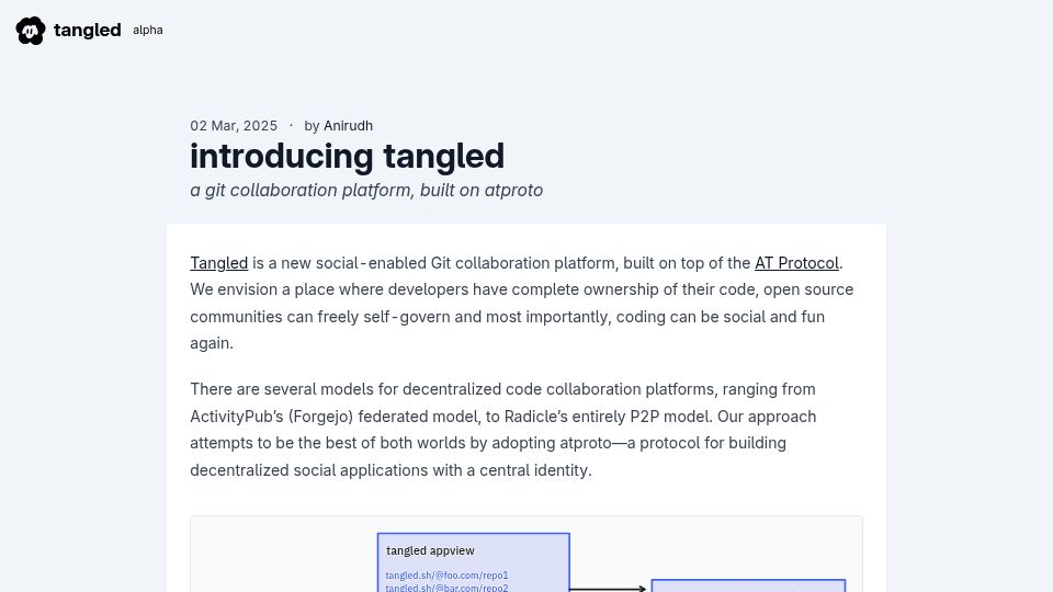 Screenshot of blog.tangled.org: Tangled, a Git collaboration platform built on atproto