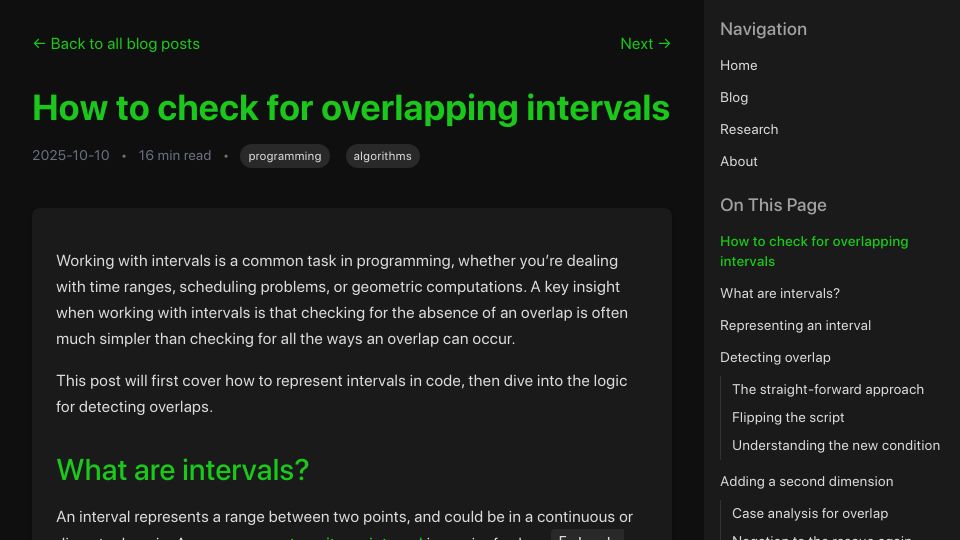 Screenshot of zayenz.se: How to check for overlapping intervals